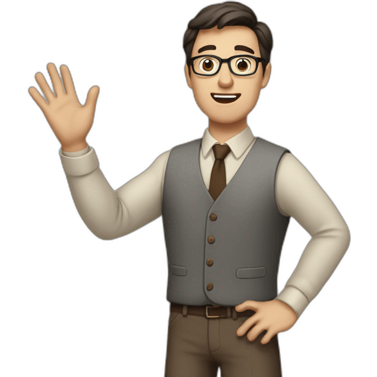 To belt Actively gesturing with hands Pale skinned fit man teacher with dark brown hair in gray jacket, beige office shirt, brown tie, brown pants and vintage glasses. emoji