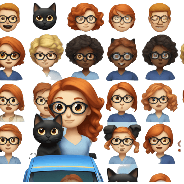 Redhead girl with glasses, driving blue car, black cats  emoji