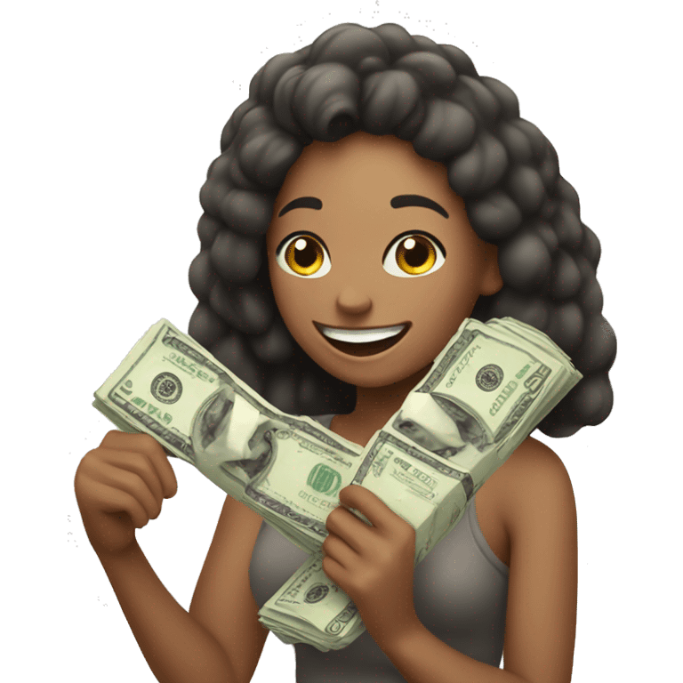 Girl holding money and laughing emoji