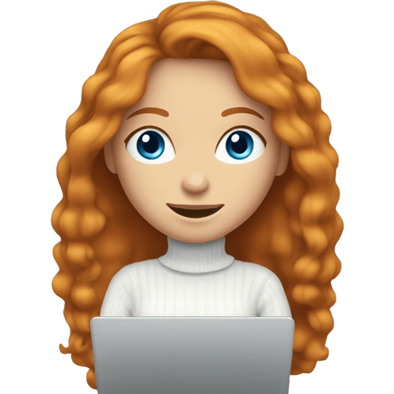 ginger girl with long hair and blue eyes in turtle neck white sweater working on a laptop emoji