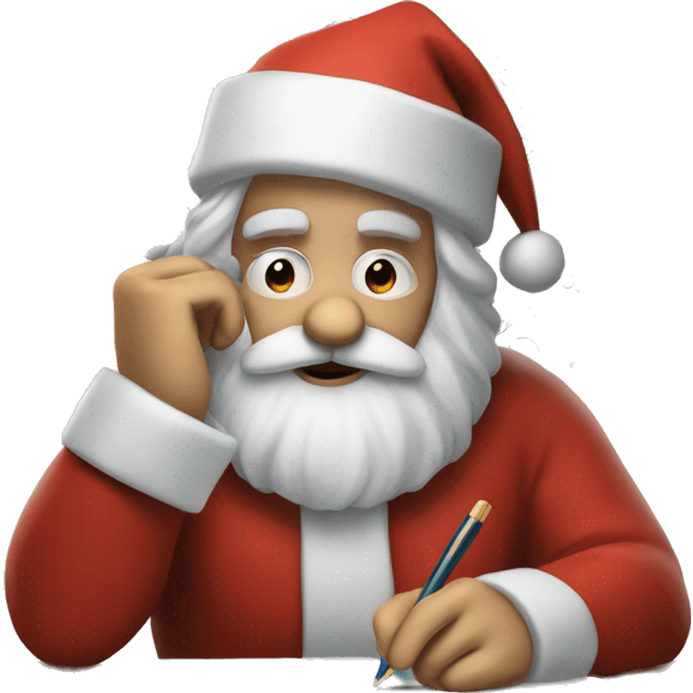 European Santa Claus is sitting on a desk, writing something down on a sheet of paper, solving complicated math puzzles emoji