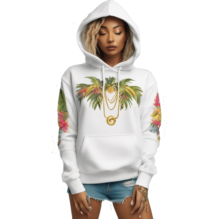 Trendy lady tropical multicoloured baroque hoodie with tattoos and gold chain emoji