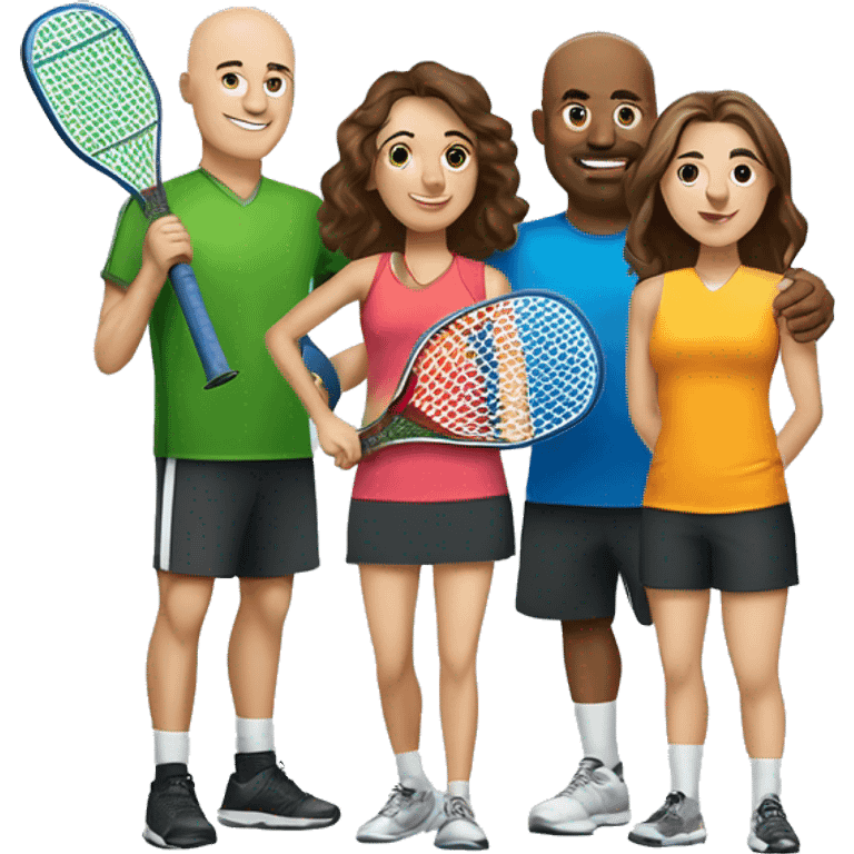 4 Caucasian people playing pickleball with 1 tall bald male, 1 shorter brown hair male, 1 girl with long brown hair, 1 girl  with brown hair emoji