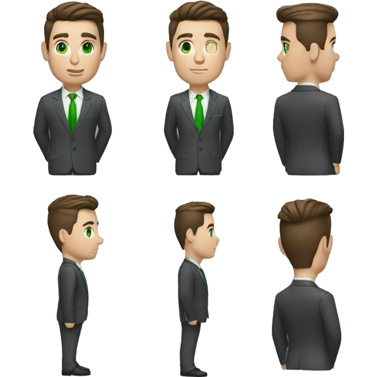 man with the following characteristics: Short, dark brown hair with a minimal quiff, green eyes, Friendly and approachable expression. He dress a suit. With airpods and a mac emoji