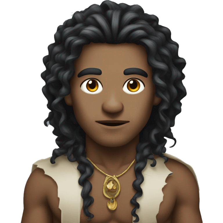 A modern witchdoctor, a male pointed ears with long black curly hair. emoji