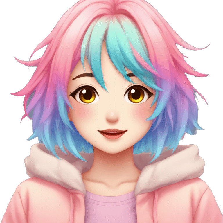 Gorgeous anime style shojo character with blushing face aesthetic and pretty colorful shiny gradient neon hair with hair garment trending style emoji