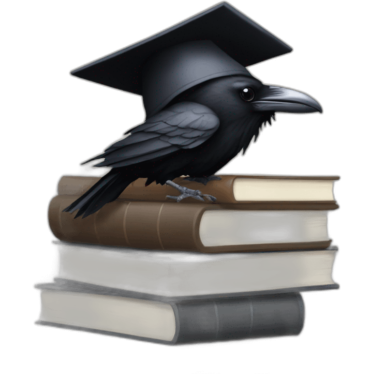 raven in student cap with a stack of gray and brown books emoji