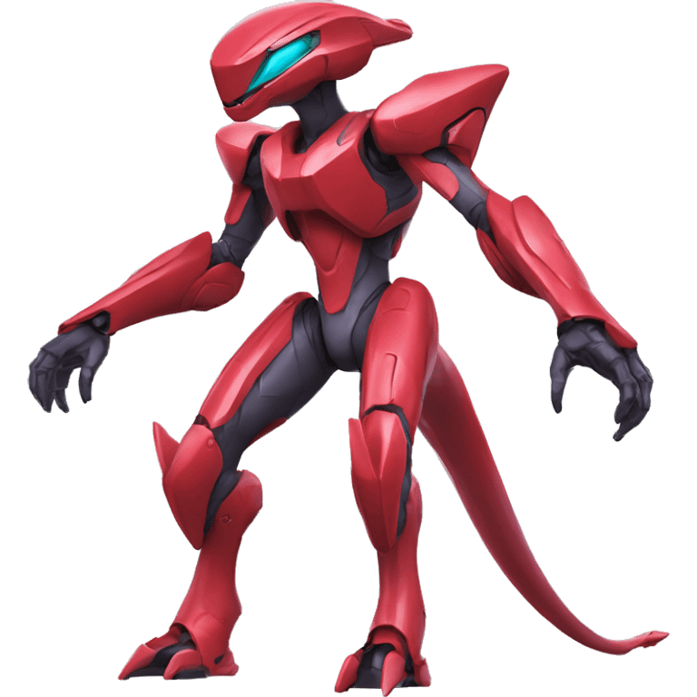 a shiny red Genesect-Raptor-Fakémon—hybrid with a futuristic visor-helmet full body emoji