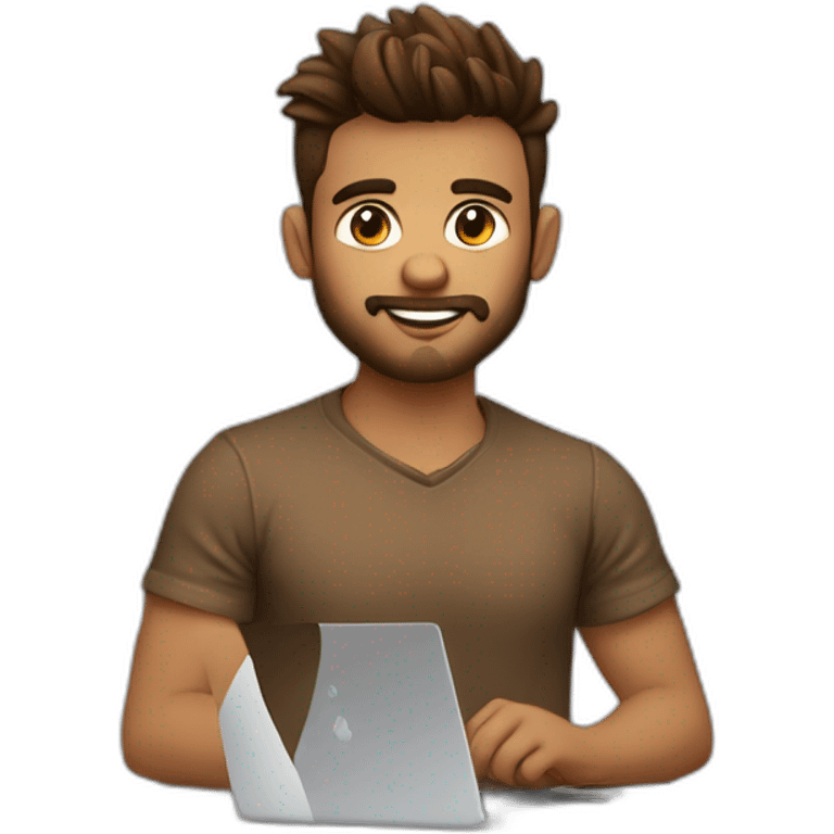 Not fat but fit Wearing a shirt No glasses Cute programmer on his laptop looking front with a brown quiff as a hair and brown eyed with a bit of a beard emoji