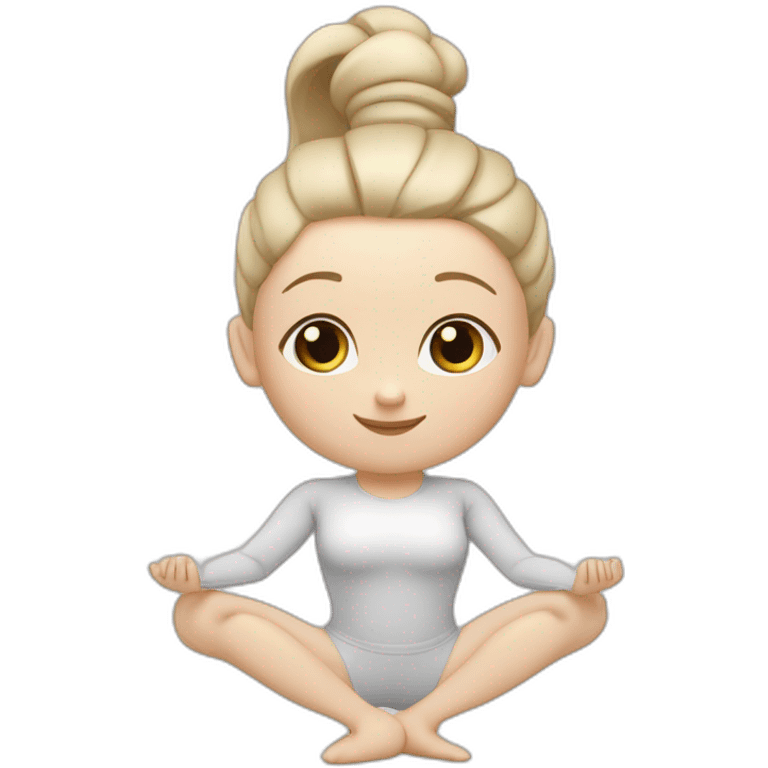 Pale skinned fit woman In a white tight yoga suit With ash blonde hair in a ponytail and gray eyes doing yoga emoji