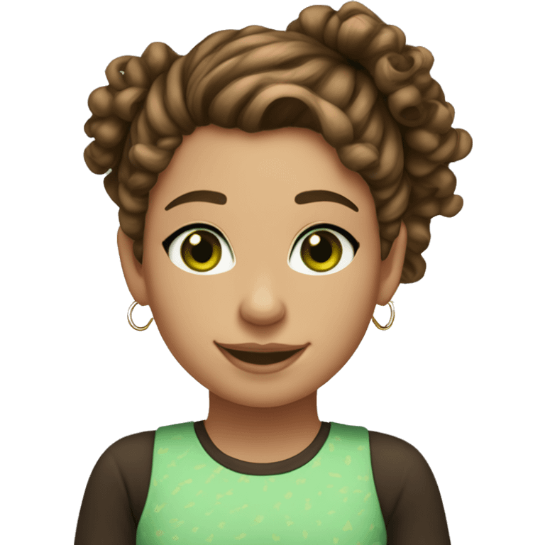 girl with curly brown hair, topknot with loose hair, green eyes, light skin, hoop earrings, smiling emoji