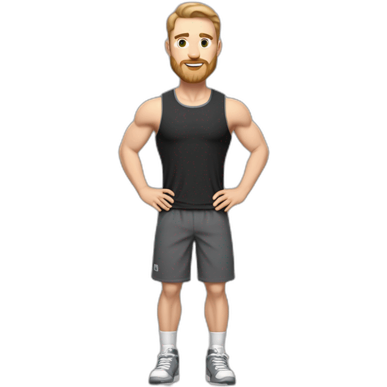 Full height Pale skinned fit man With biceps, Realistic eyes and mouth, light brown hair and stubble In dark gray sleeveless mike, black oversize sports shorts, watch and white sneakers. emoji