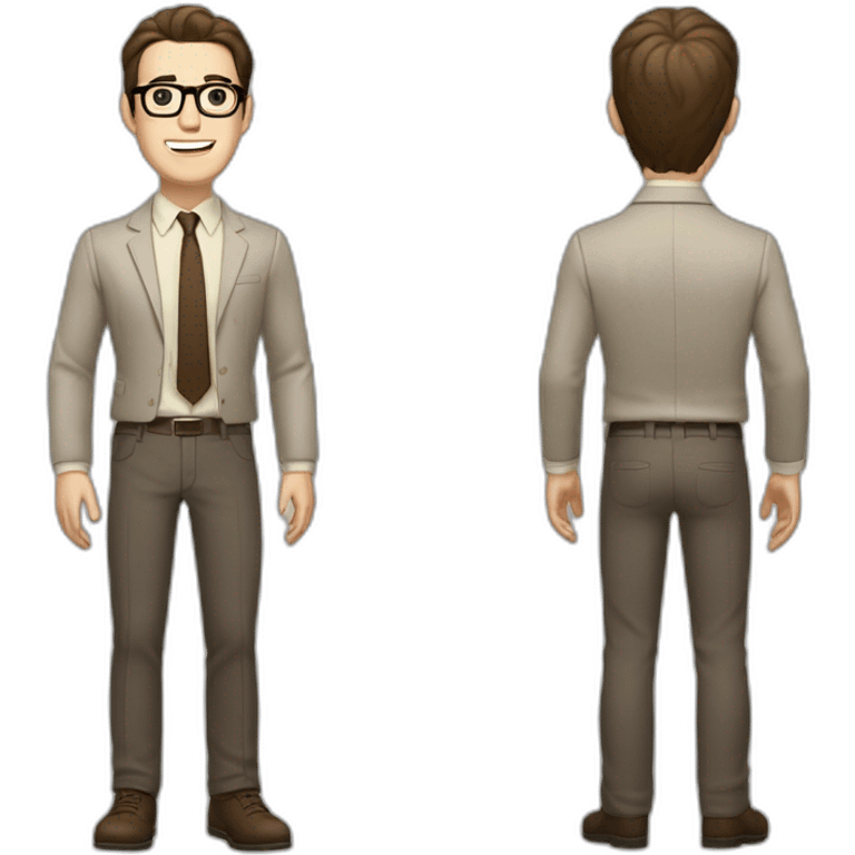 Full height Gesticulating Pale skinned fit man with dark brown hair in gray jacket, beige office shirt, brown tie, brown pants and vintage glasses. emoji