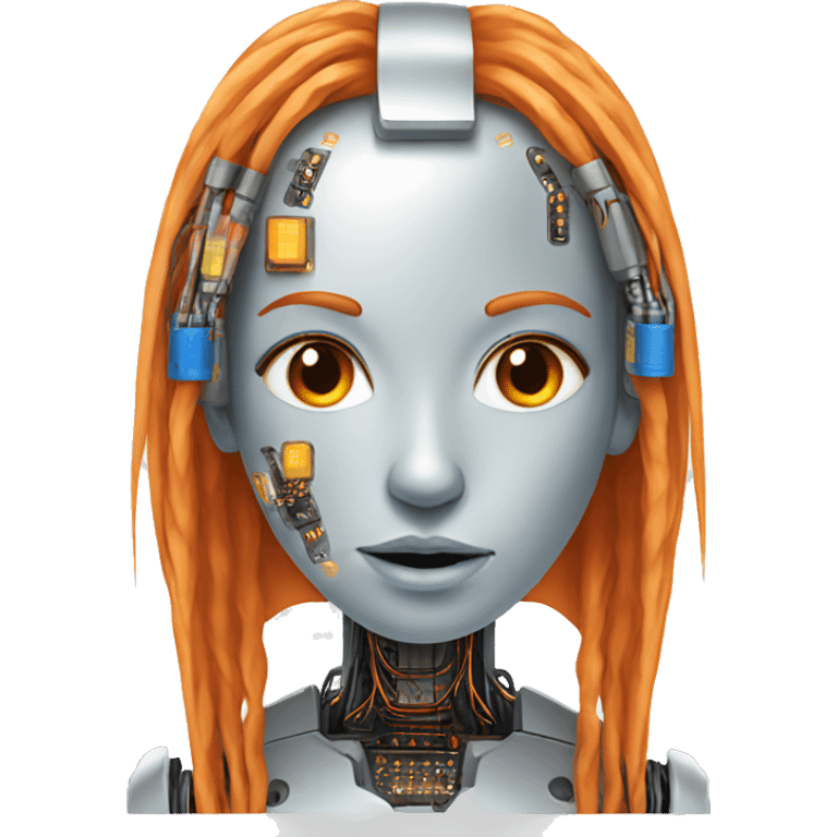 Head of female robot with long orange hair and circuits emoji