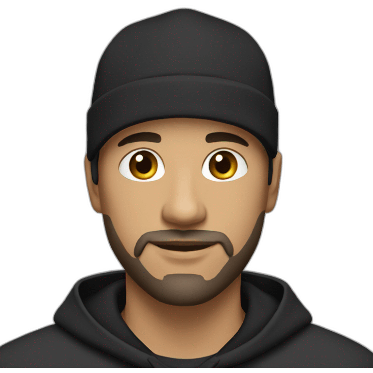 bald man with black (short) beard and no glasses in a black hoodie wearing a black cap emoji