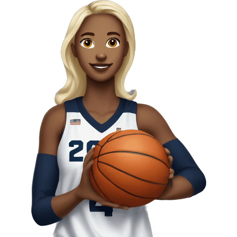 Basketball blonde female player wearing navy blue jersey that has the number 24 & holding a basketball emoji