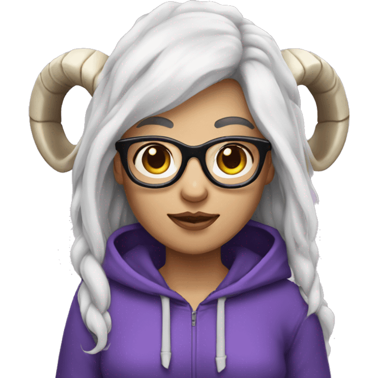 Purple/Black Hair White Female, With Ram Horns and Glasses, and hoodie. emoji