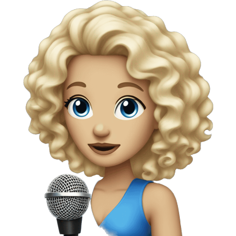 Beautiful blonde curly woman with blue eyes with microphone emoji