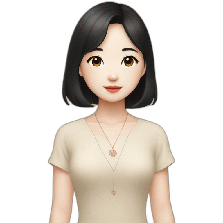 cute Chinese girl in Muji beige dress with black hair and van cleef clover necklace emoji