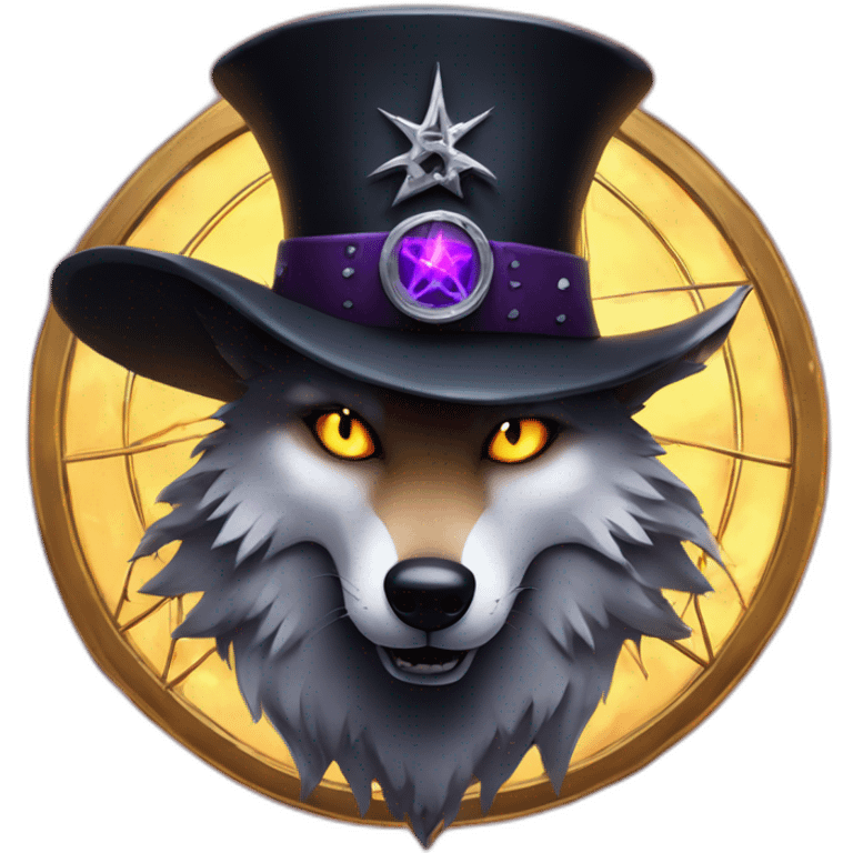 demonic wolf with a pentagram top hat and a pentagram chain with a haunting night background emoji