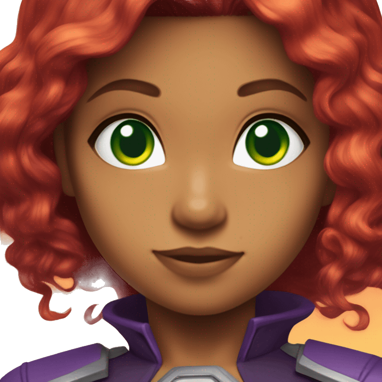 dc comics starfire firey red hair; purple and silver outfit; green eyes emoji