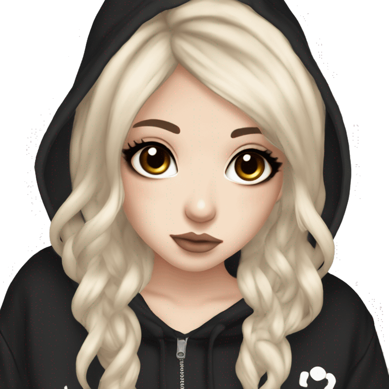 hime gyaru girl, tattoos, pale skin with medium brown and black hair, dark makeup, black hoodie emoji