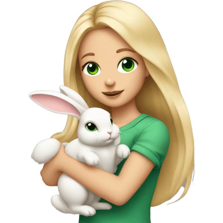 Girl with long blonde hair and green eyes holding a cute bunny in her arms emoji