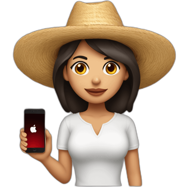 Mujer morena cabello largo con sombrero con iPhone en manos emoji