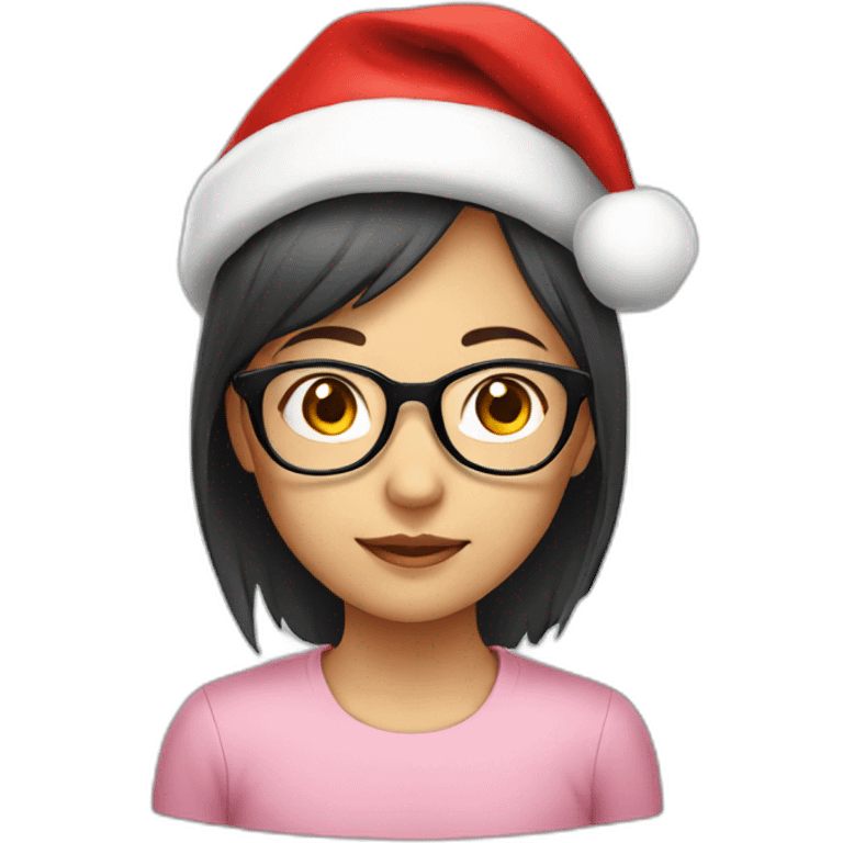 Young Asian girl with glasses wearing Santa hat emoji