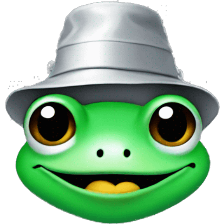 Frog head wearing a bucket hat on head and silver chain around neck  emoji