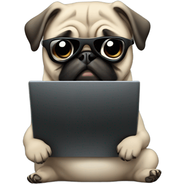 Pug wearing a black hoodie and using a laptop and wearing sunglasses emoji