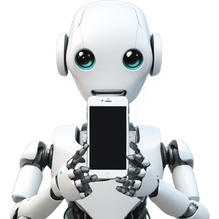 a humanoid robot looking at his iphone emoji