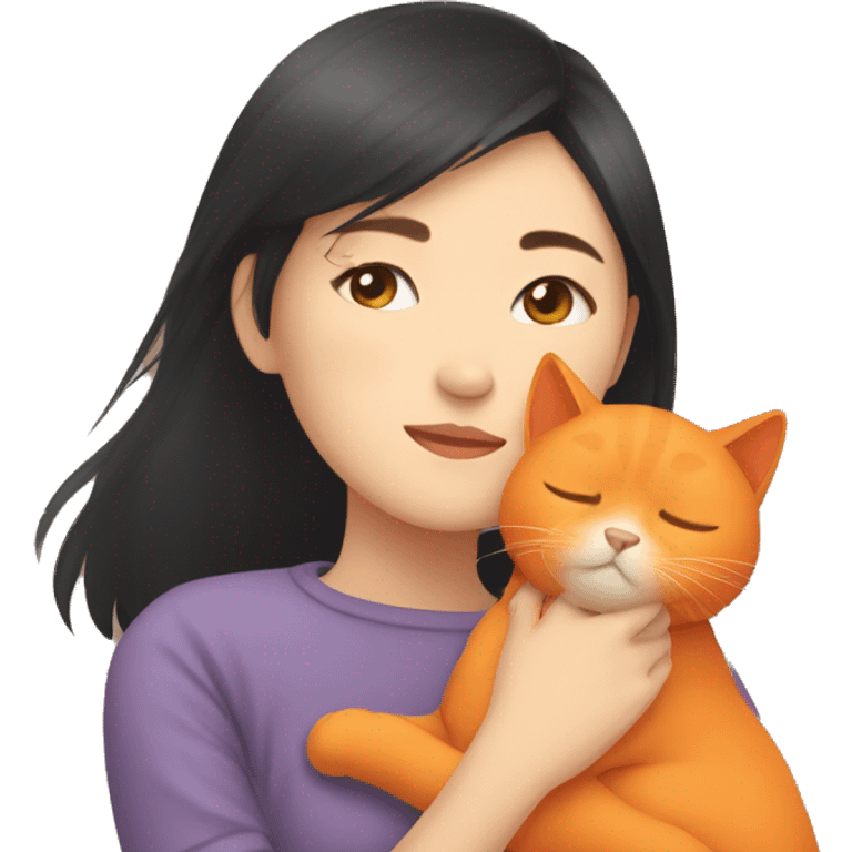 Asiat girl cuddling her orange cat emoji