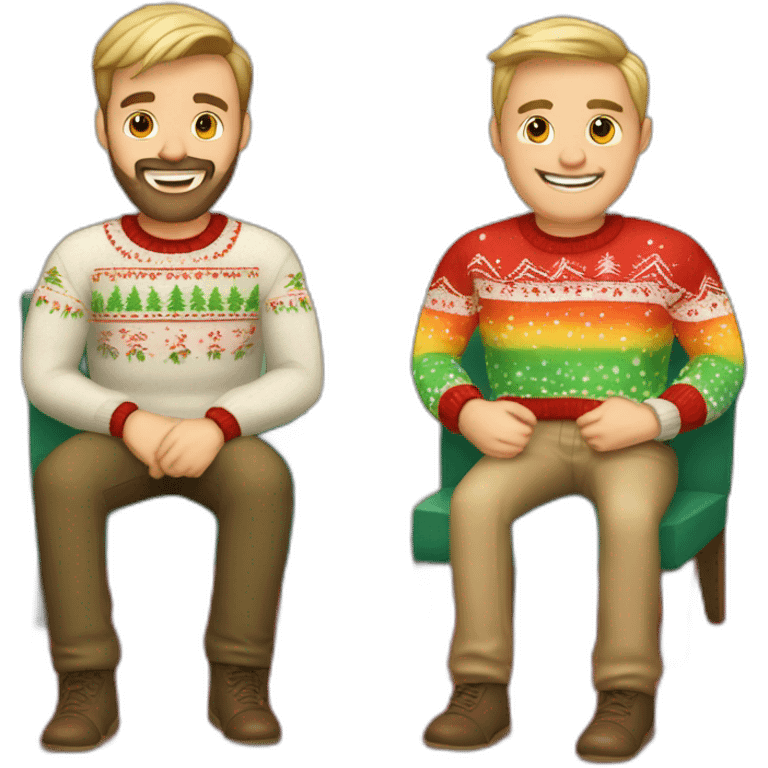 gay couple sitting in christmas sweathers. Left guy blond with beard and right guy brown faded haircut emoji