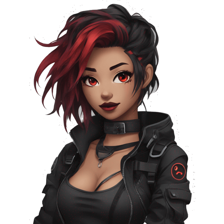 Gorgeous dark techwear anime style lady with blushing face aesthetic and pretty edgy black red punk messy hair with collar and harness trending style emoji