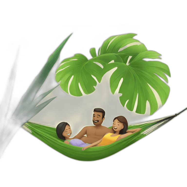 a man is laying in hammock and a woman is fanning him with palm leaf emoji