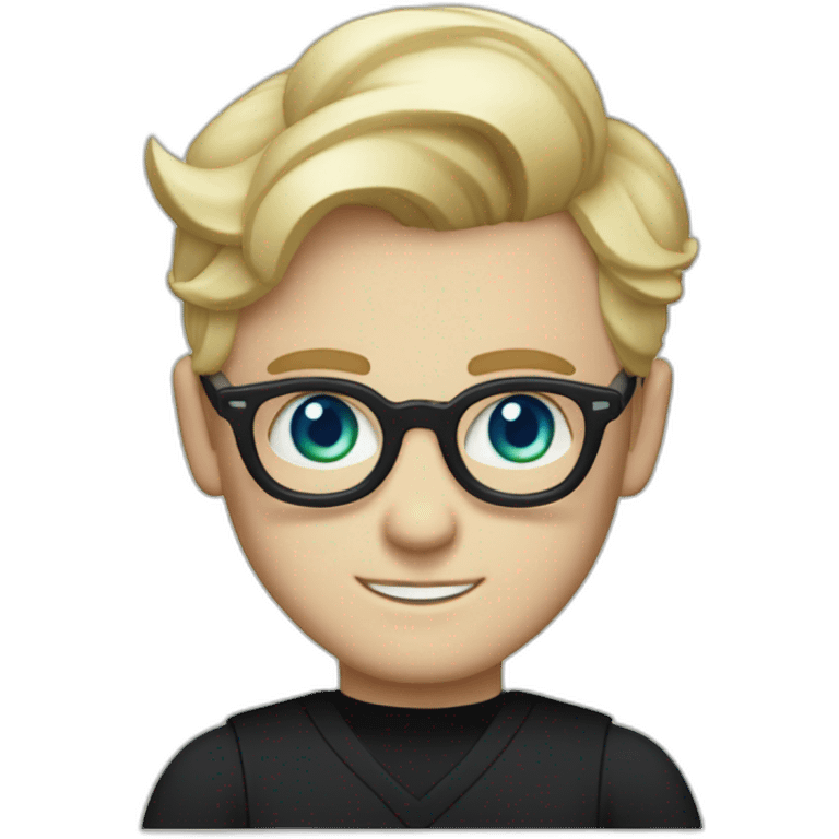 blonde hair white male wearing black shirt with bold blue thick glasses green eyes and blonde hair comb over Gatsby style emoji