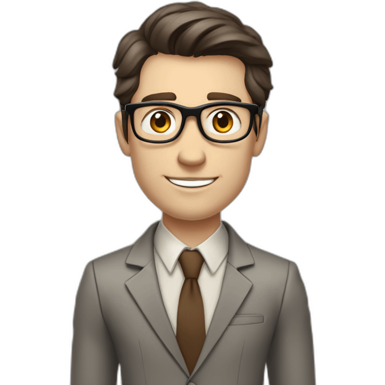 Pale skinned fit man teacher with dark brown hair in gray jacket, beige office shirt, brown tie, brown pants and vintage glasses Writing on the marker board emoji