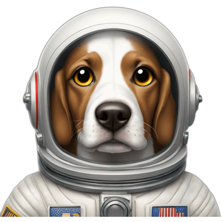 Speckled dog with white spots and a patch around the right eye, wearing an astronaut suit. emoji