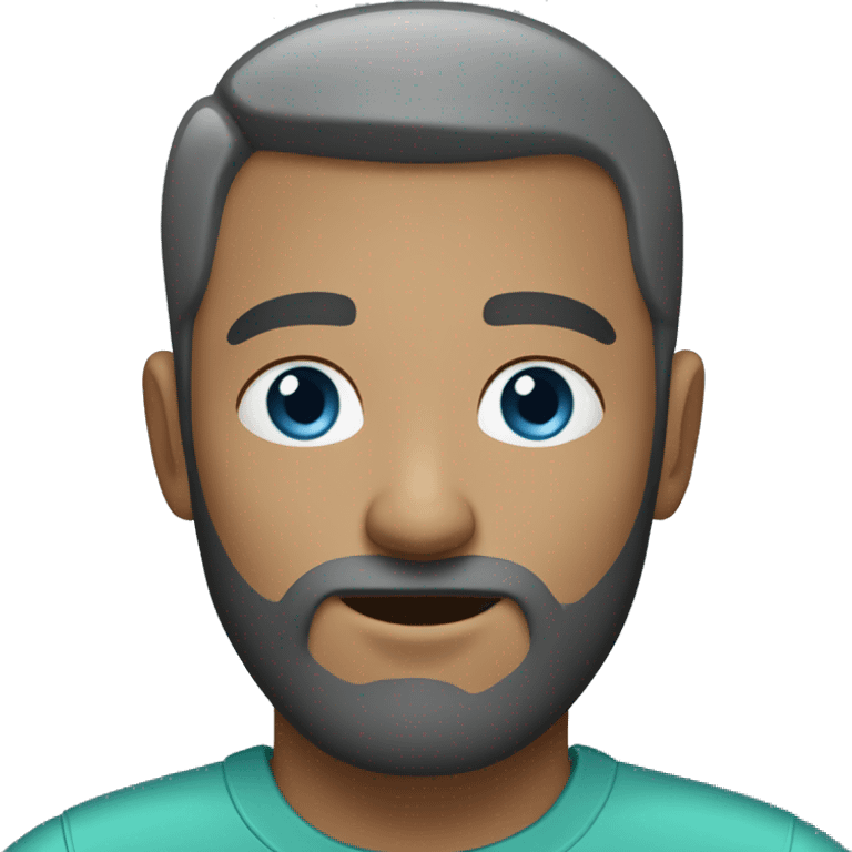 man with very short beard and very short hair. the hair is a little bit grey (with a little black). greyish green shirt. he has blue eyes. emoji