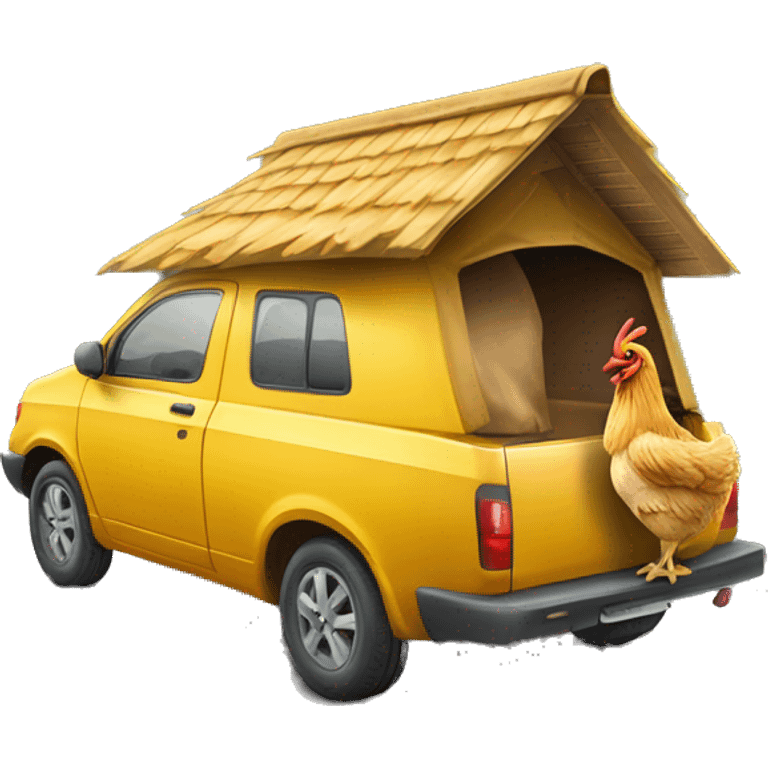 Ein Huhn mit einem Hut auf dem Dach eines Autos  emoji