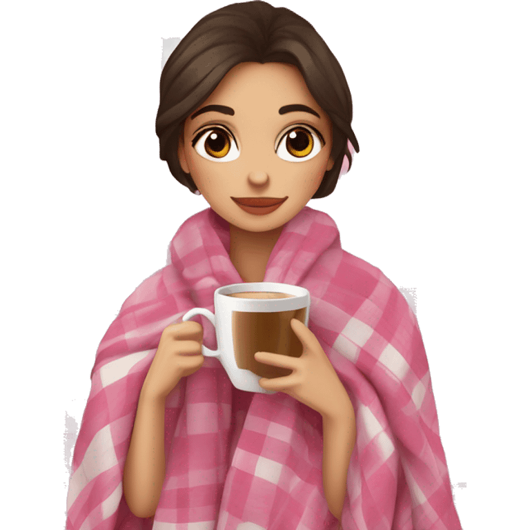 cute brunette girl wrapped in pink plaid blanket drinking coffee emoji