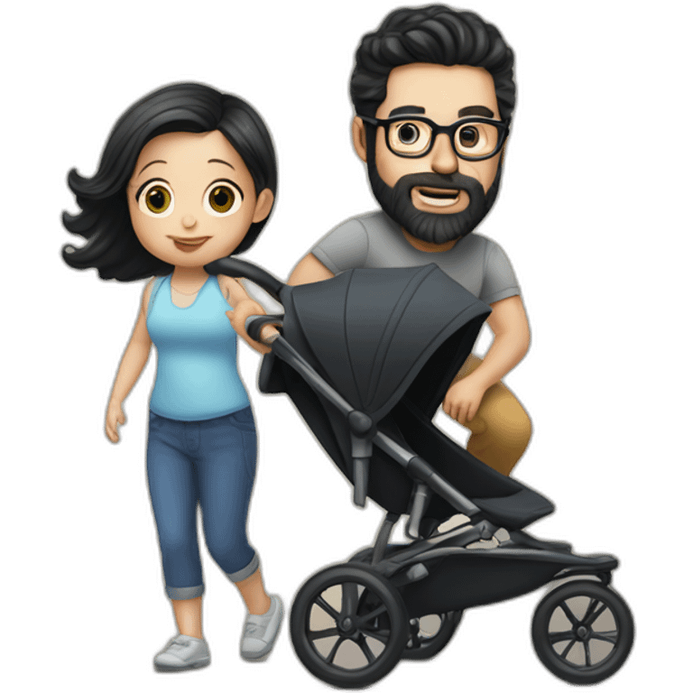 White man with Black hair,  beard and glasses pushing buggy with blonde baby emoji