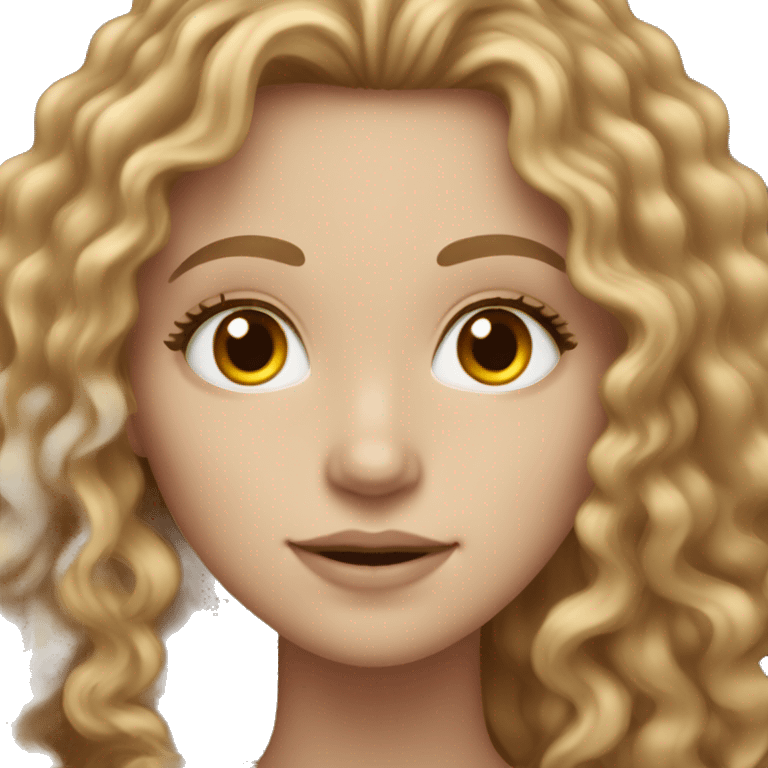 White Girl with long curly light brown hair and hazel eyes color emoji