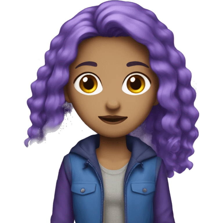 a girl with a purple long hair and purple jacket and blue hort jens emoji