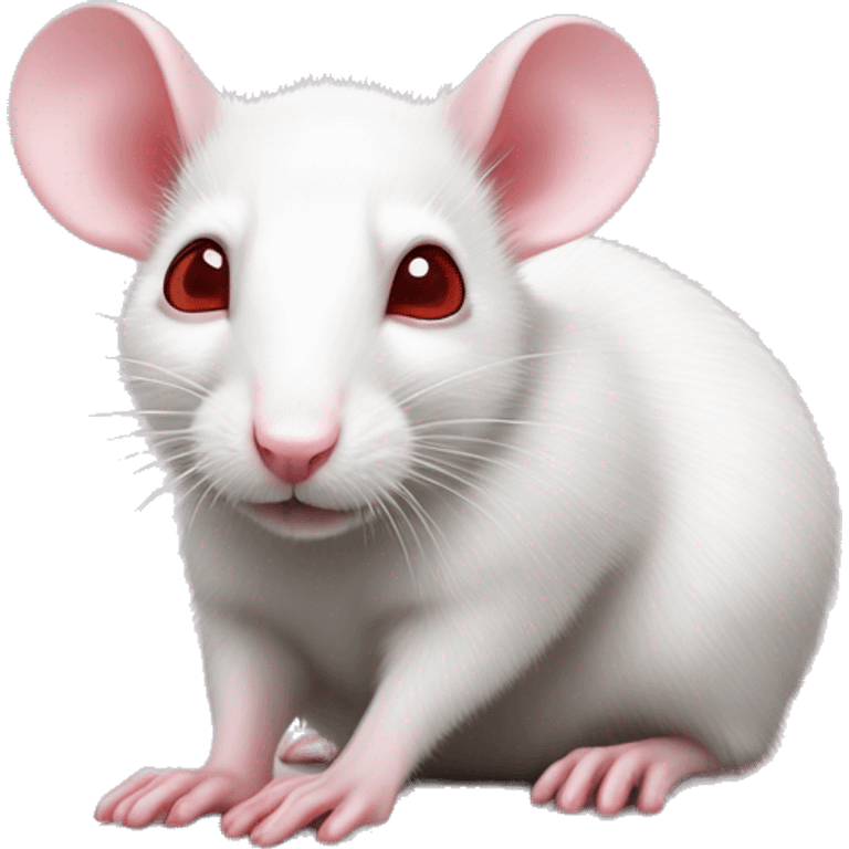 Realistic white rat with small ears, small eyes, bright red eyes and baby pink tail and baby pink paws in sleeping position neutral face eyes open body curled around pink nose hyperrealistic emoji