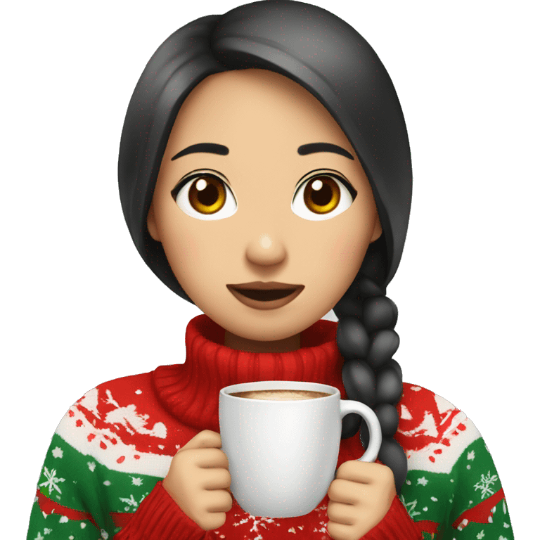 asian girl drinking coffee wearing Christmas sweater emoji