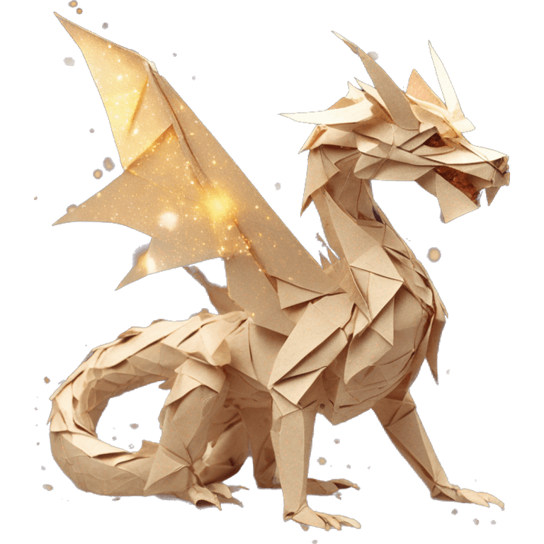 Sparkling patterned Beige Origami dragon with made of newspapers intricate patterns surrounded by fairy lights nebula galaxy stars swirls iridescent on fire covered in dried flowers emoji