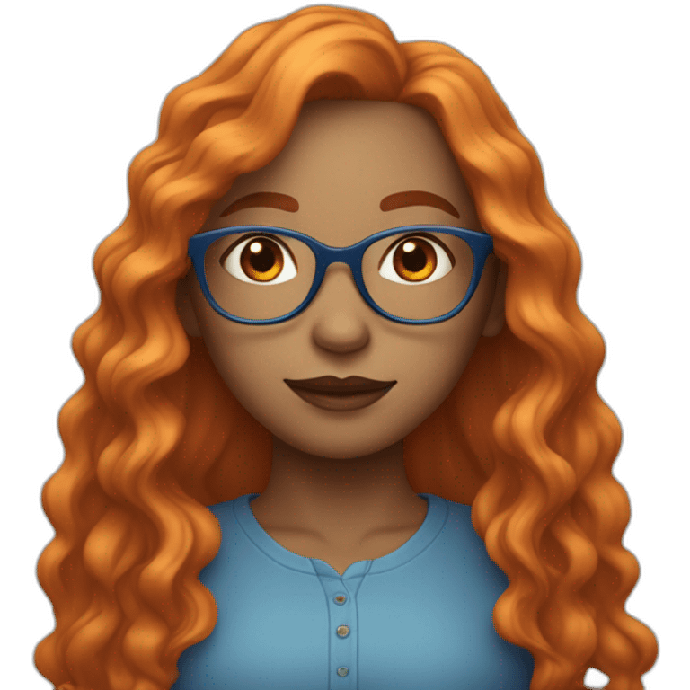 A not tinted girl with orange long wavy hair, blue glasses and a blue blousse emoji