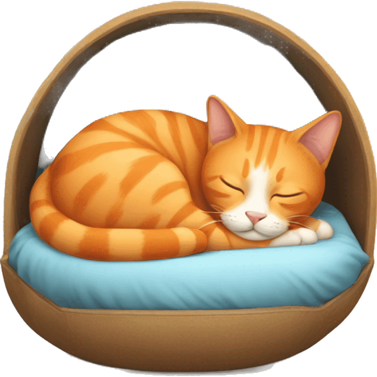 An orange cat sleeping in a ball in a bed with its owner emoji